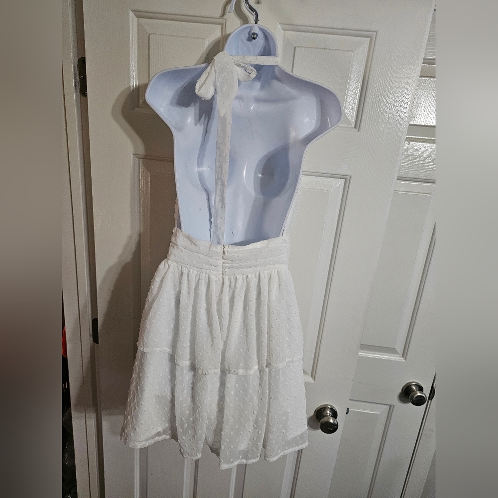 SHEIN White Halter Swiss Dot Tiered Ruffle Mini Dress Lined Womens Small US 4 - Picture 3 of 6